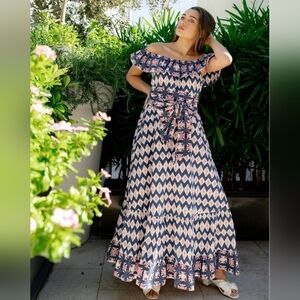 Sue Sartor Marais Maxi Dress 100% Cotton - Bubble Navy Ikat sz S